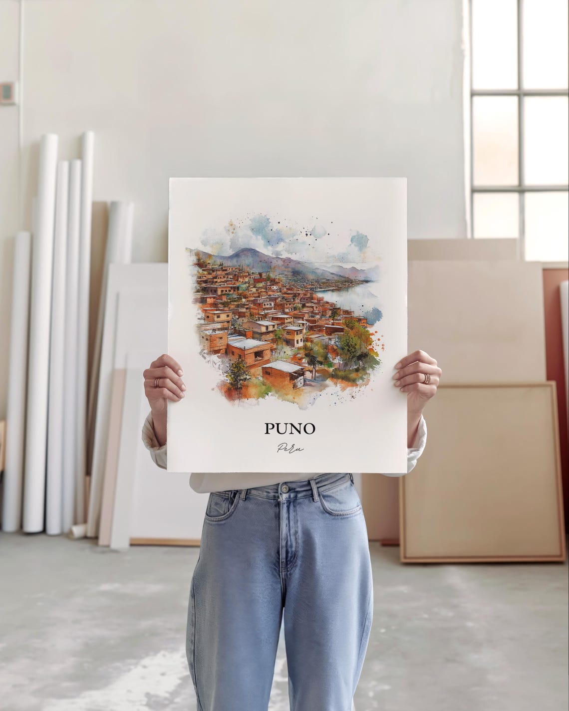 Puno Peru Lakeside Town on Lake Titicaca Shores Watercolor Poster - Image 5