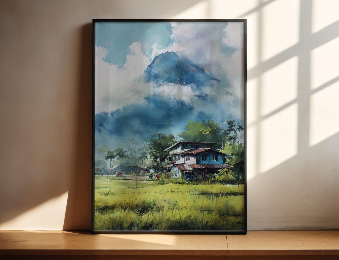 Tropical Mountain Village Rice Paddy Watercolor Landscape Poster