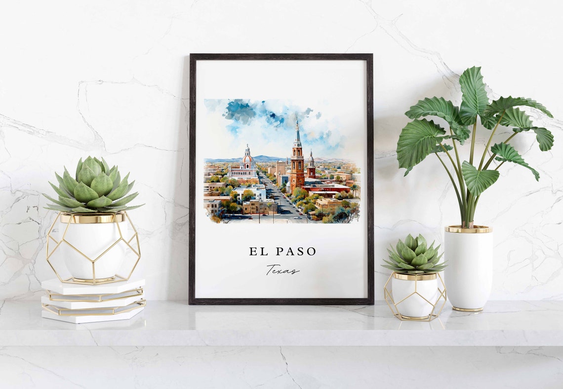 El Paso Texas Downtown Watercolor Church Spires Mountain View Poster