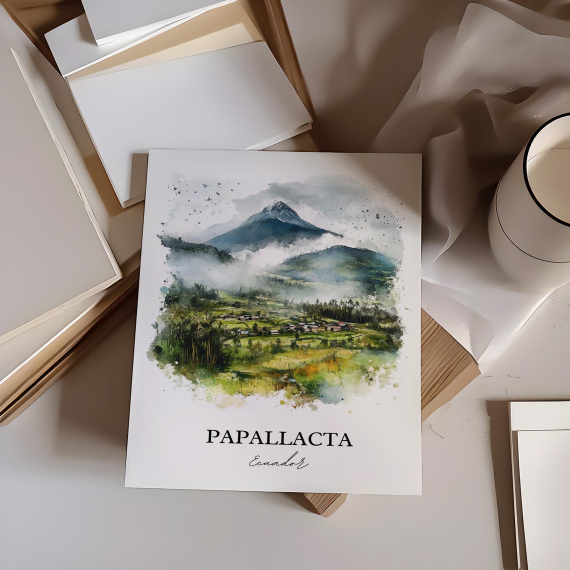 Papallacta Ecuador Green Valley Misty Peak Watercolor Poster - Image 2
