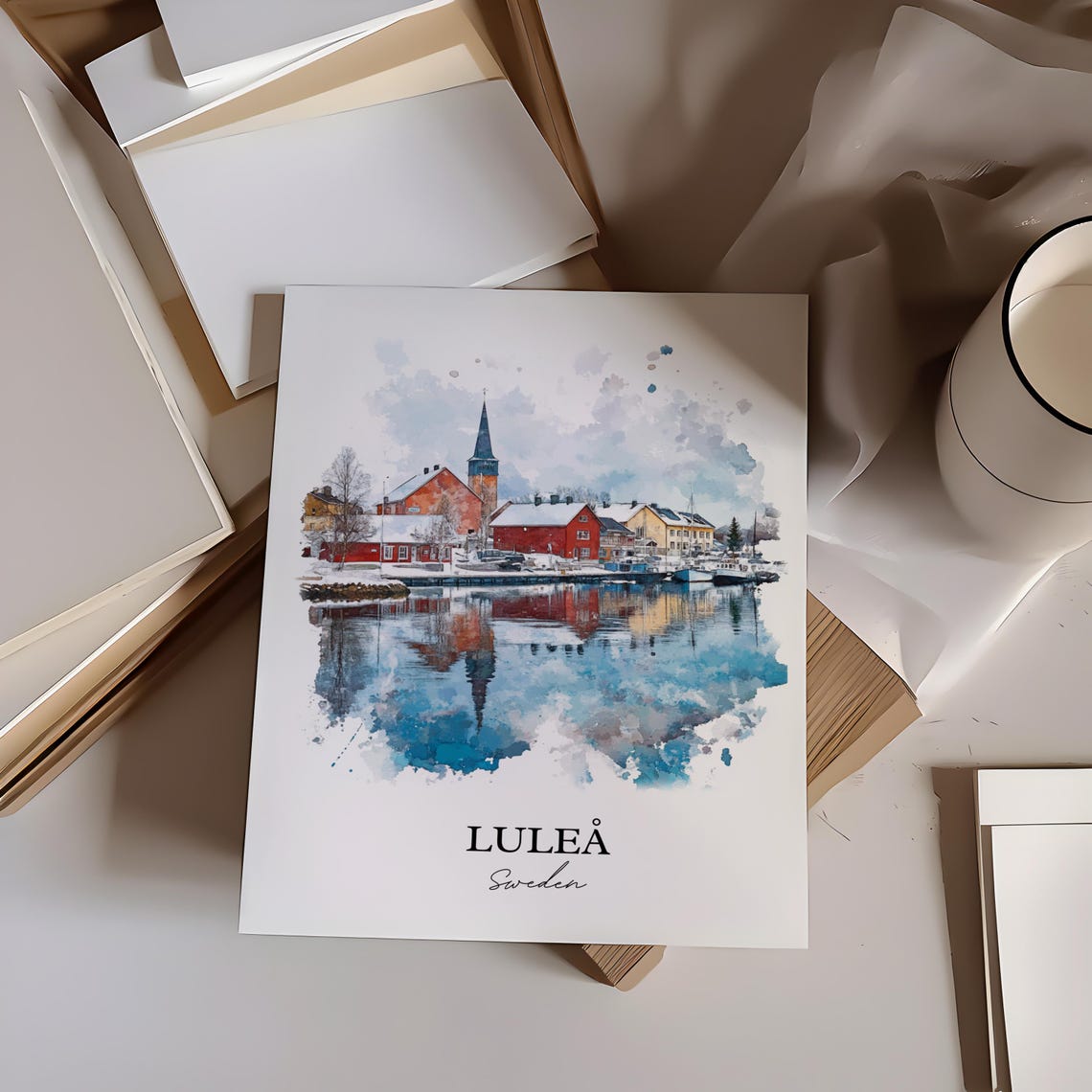 Luleå Sweden Harbor Reflection Watercolor Minimalist Travel Poster - Image 2