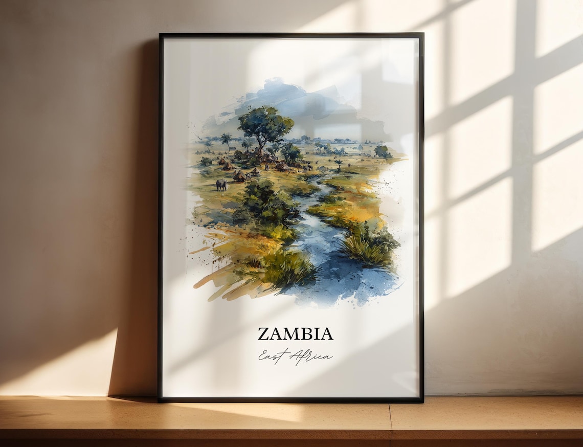 Zambia East Africa River Savanna Wildlife Watercolor Travel Poster