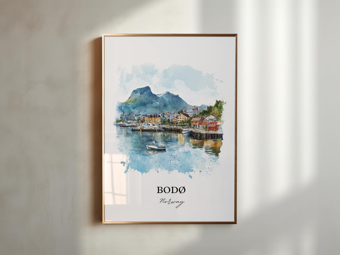 Bodo Norway Watercolor Harbor Town Mountain View Travel Poster - Image 4
