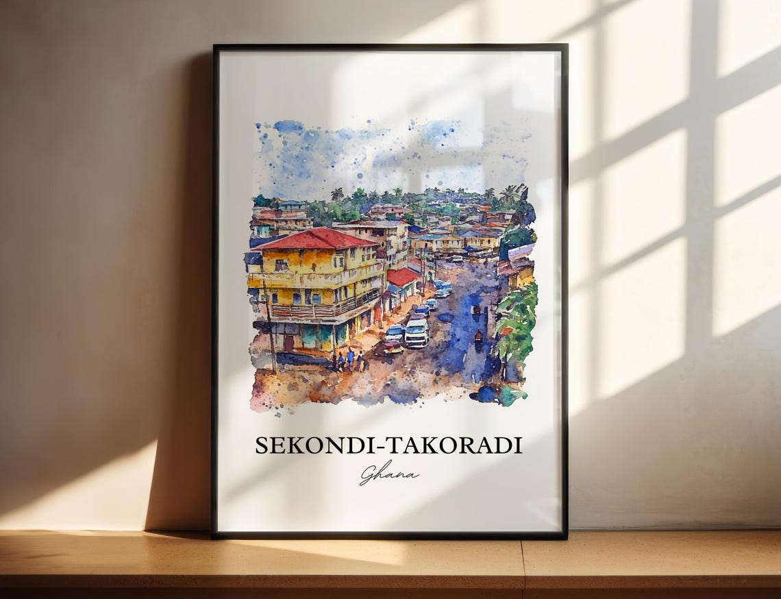 Sekondi-Takoradi Ghana Bustling Street Market Watercolor Poster