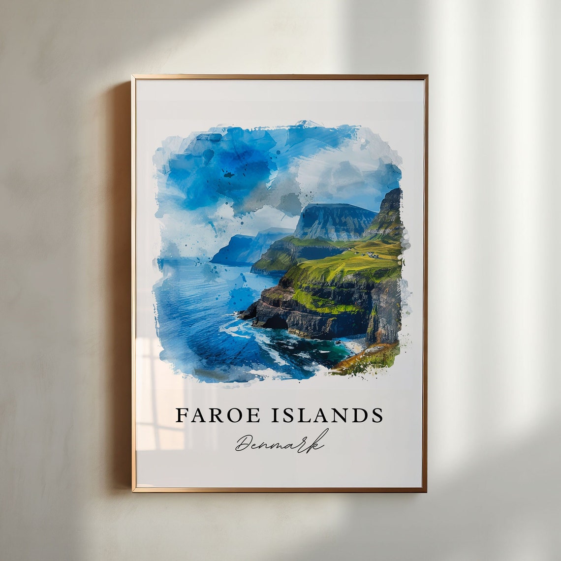 Faroe Islands Denmark Dramatic Coastal Cliffs Watercolor Poster