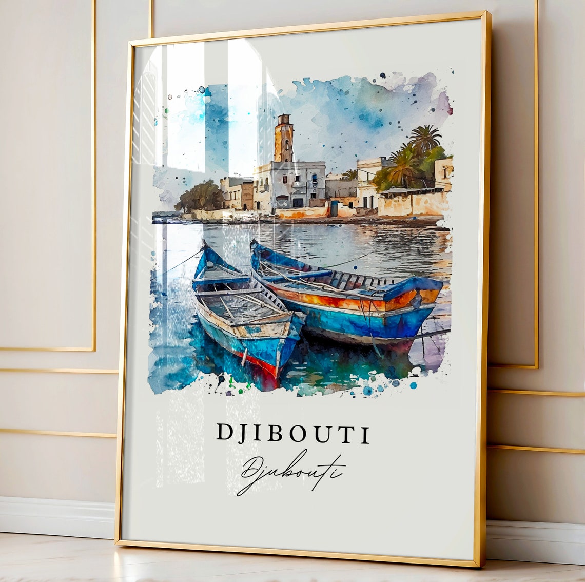Djibouti Watercolor Harbor Boats Coastal Town Lighthouse Art Poster - Image 5