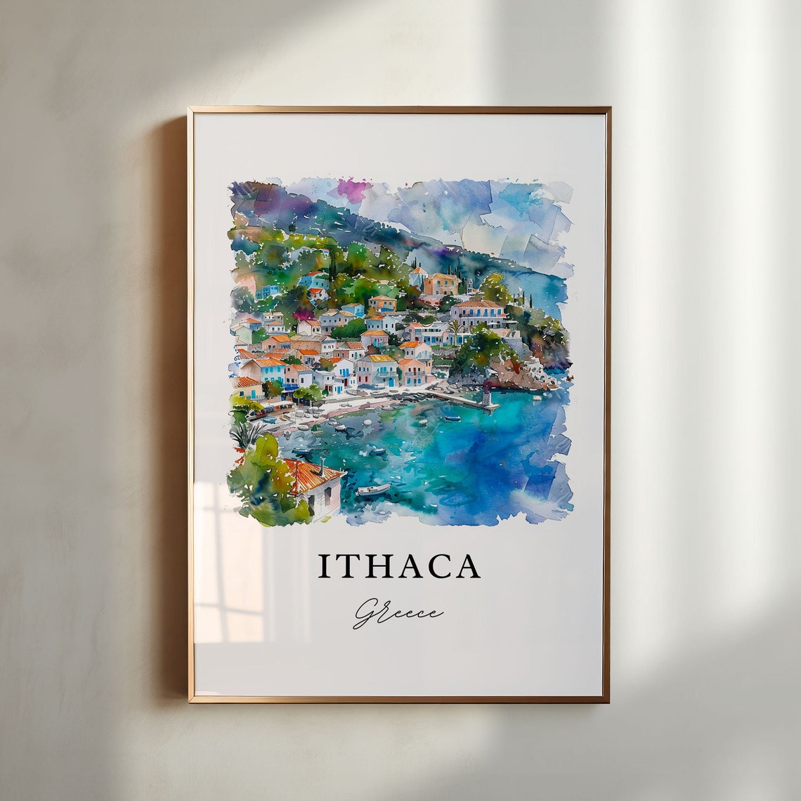 Ithaca Greece Watercolor Travel Poster, Kefalonia