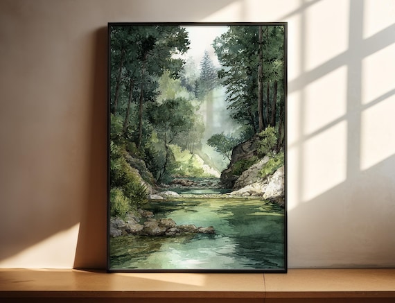 Santa Teresa Forest Stream Watercolor Green River Nature Poster