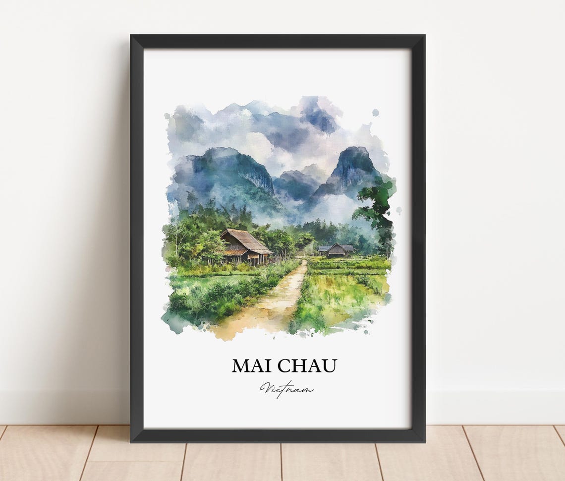 Mai Chau Vietnam Watercolor Art Valley Stilt Houses Fields Poster - Image 3