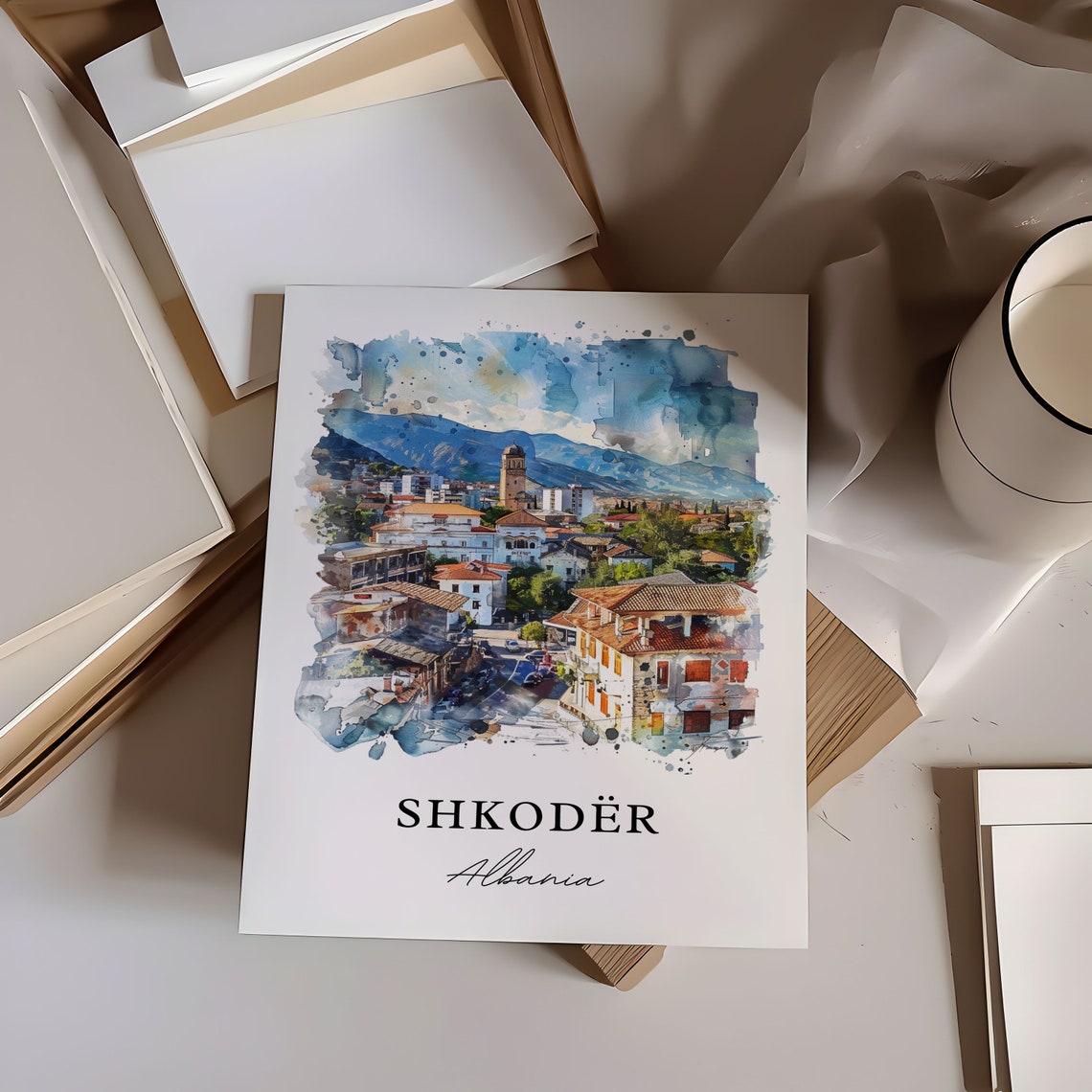 Shkoder Albania Castle Hill Cityscape Watercolor Travel Poster - Image 6