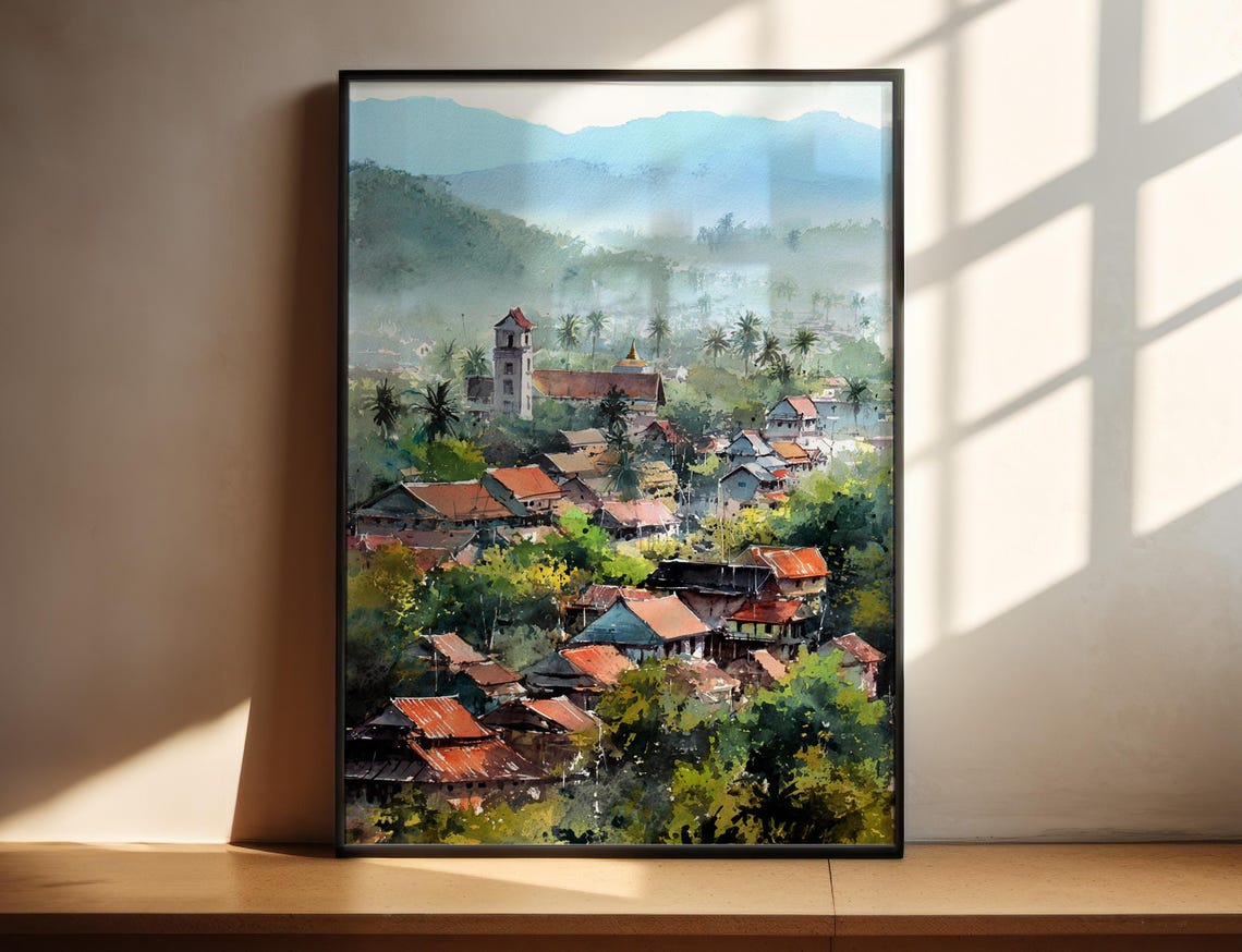 Luang Prabang Laos Watercolor Temple Town Among Trees Misty Wall Art