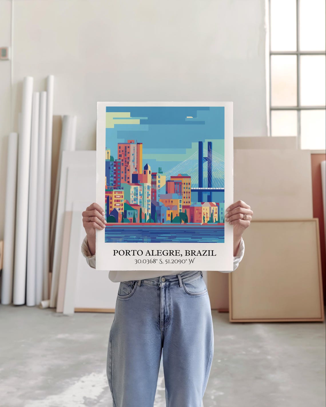 Porto Alegre Brazil Skyline Cable Stayed Bridge Retro Travel Poster - Image 6