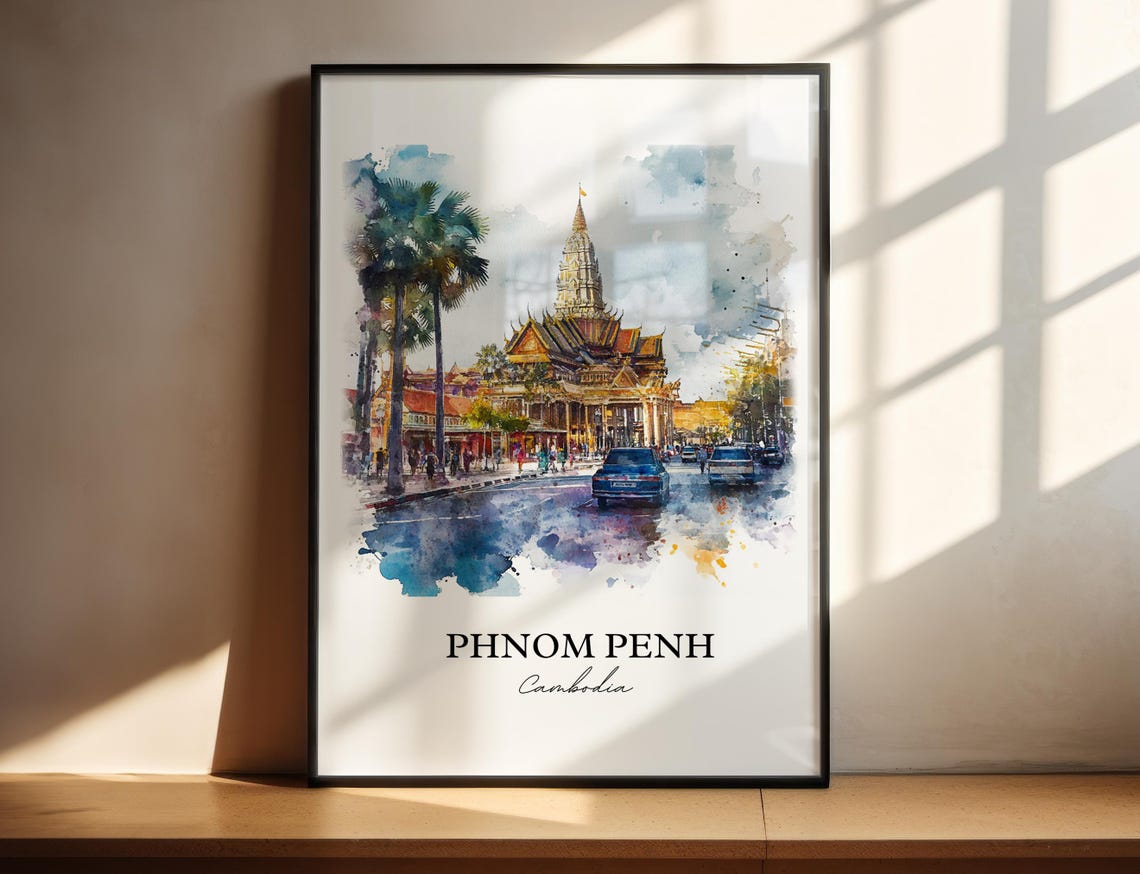 Phnom Penh Cambodia Watercolor Golden Temple Street Scene Poster