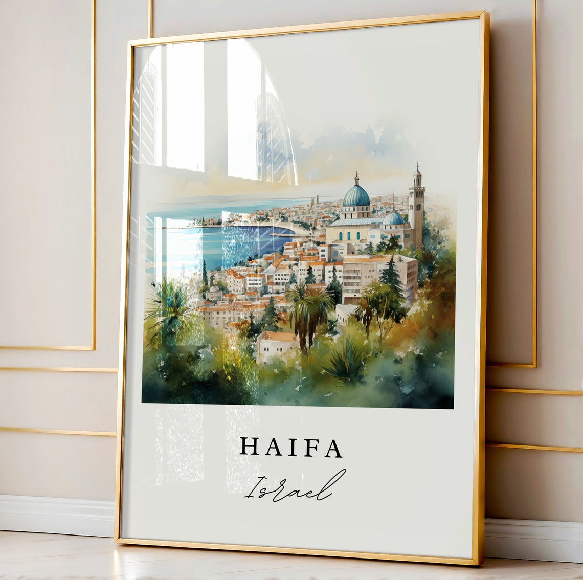 Haifa Israel Watercolor Blue Bay Coastal City View Travel Poster - Image 4