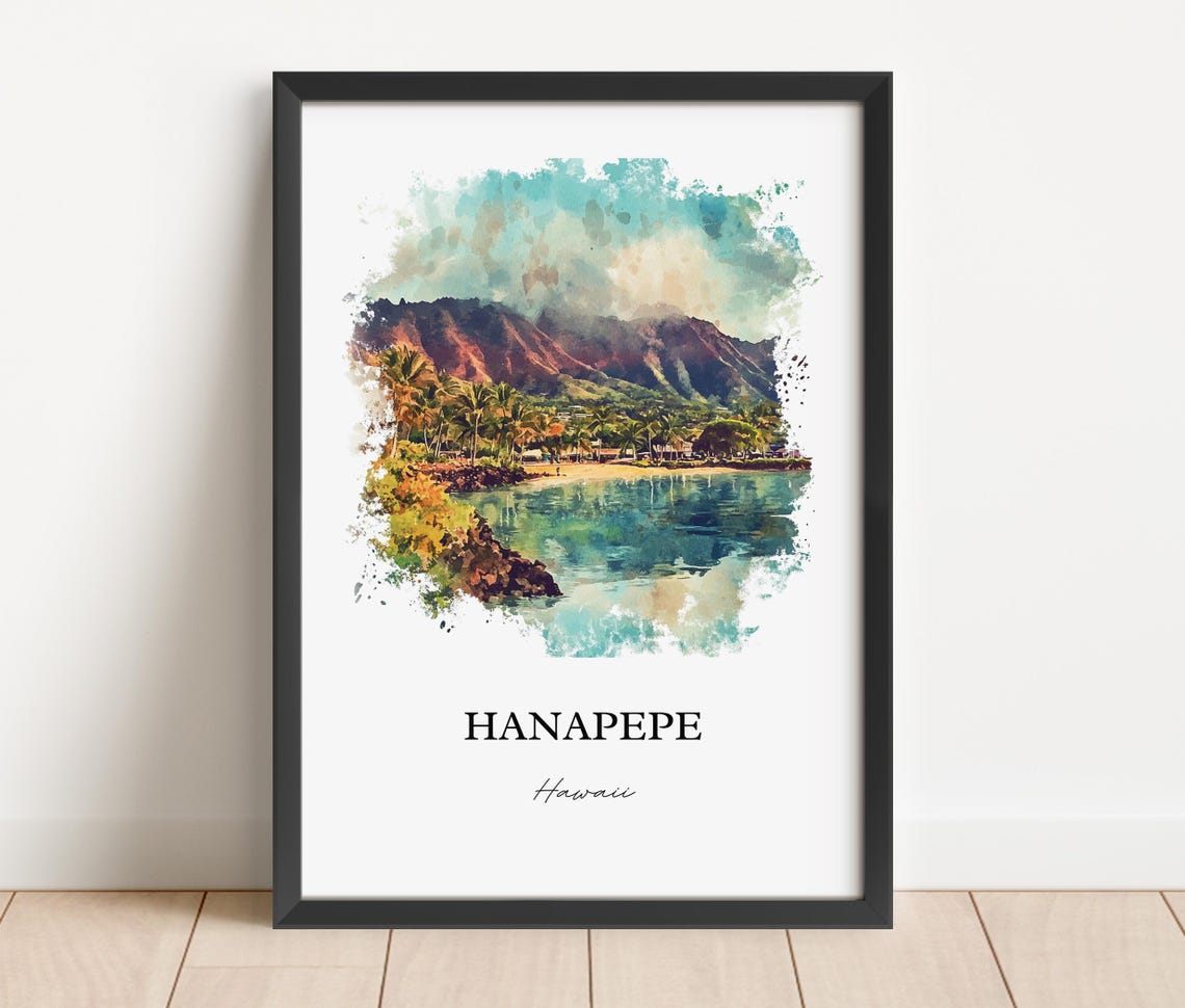 Hanapepe Hawaii Palm Lined Waterfront Mountain Ridge Watercolor Poster - Image 2