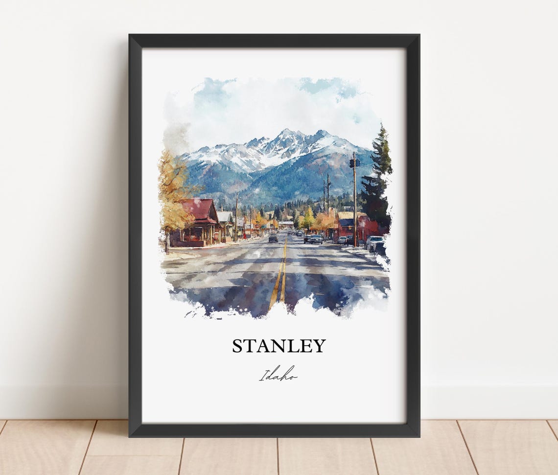 Stanley Idaho Main Street Sawtooth Mountains Watercolor Travel Poster - Image 2