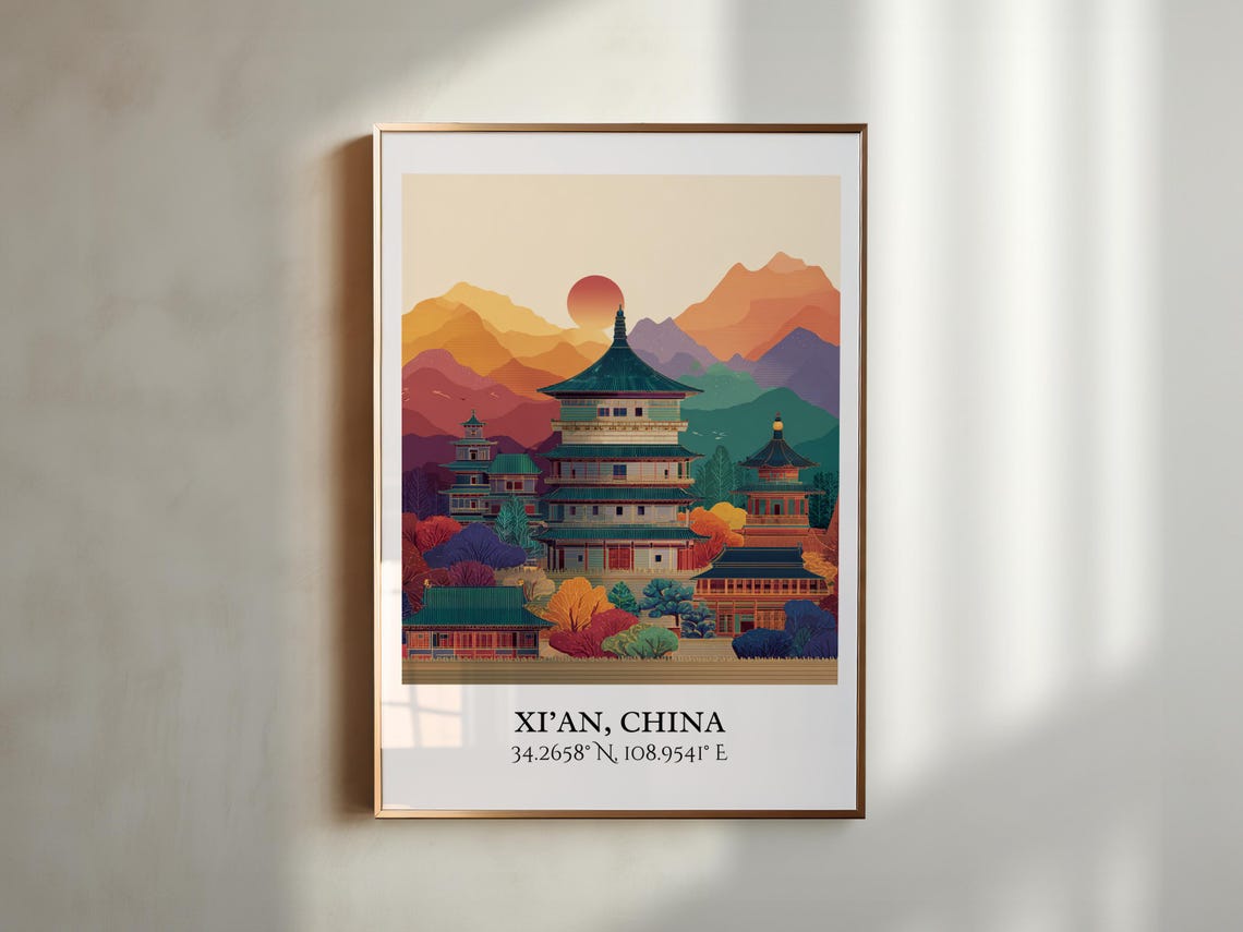 Xi'an China Ancient Pagoda Sunset Mountains Retro Travel Poster - Image 4
