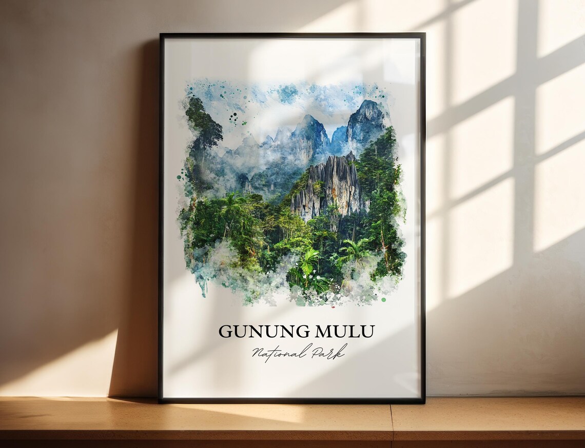 Gunung Mulu Malaysia Rainforest Karst Peaks Watercolor Travel Poster