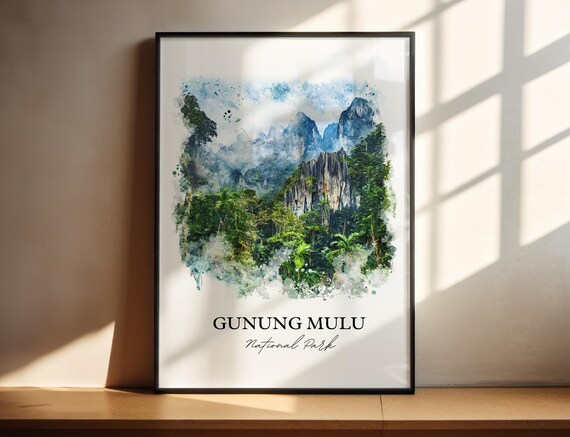 Gunung Mulu Malaysia Rainforest Karst Peaks Watercolor Travel Poster