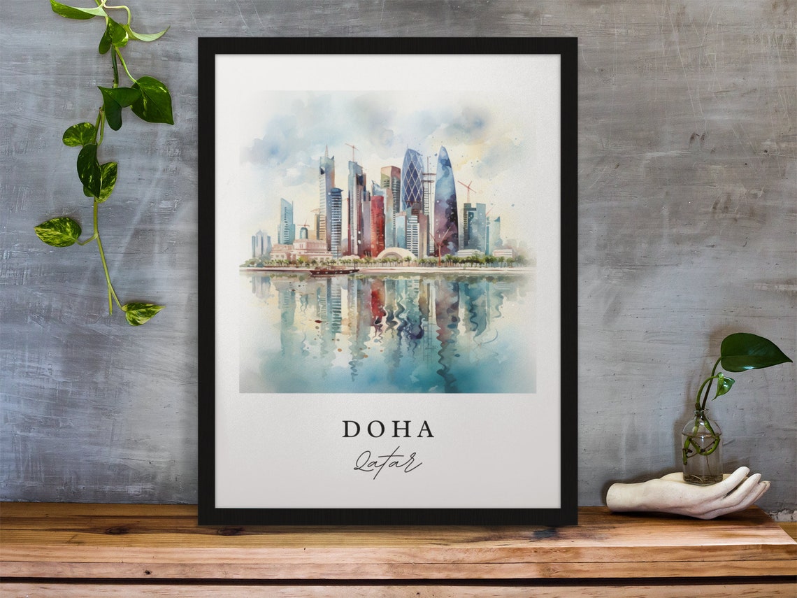Doha Qatar Watercolor Skyline Modern Towers Harbor Art Poster