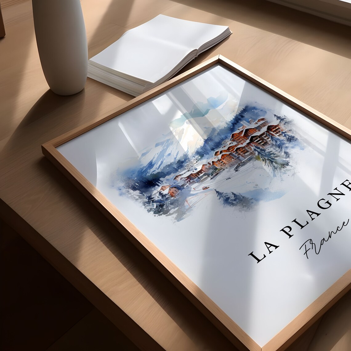 La Plagne France Alpine Ski Resort Chalets Watercolor Travel Poster - Image 5