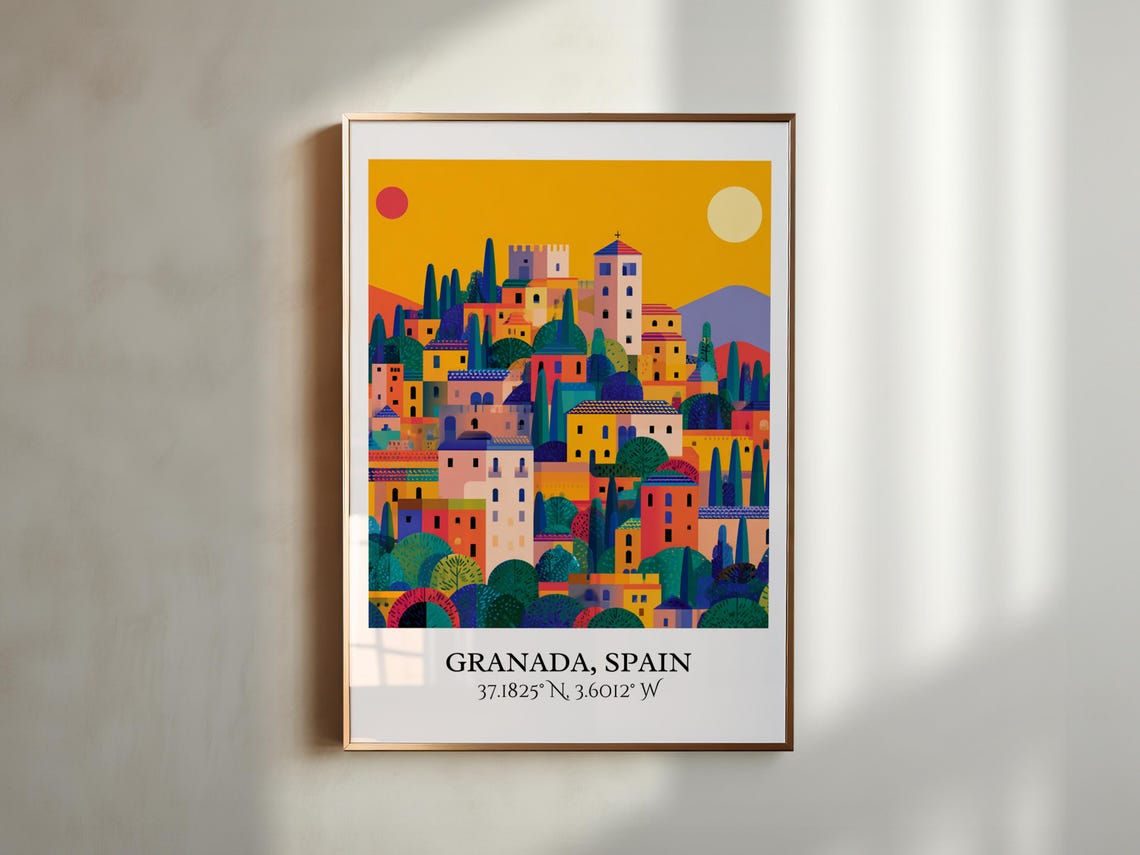 Granada Spain Hillside Town Sun And Moon Retro Travel Art Poster - Image 6