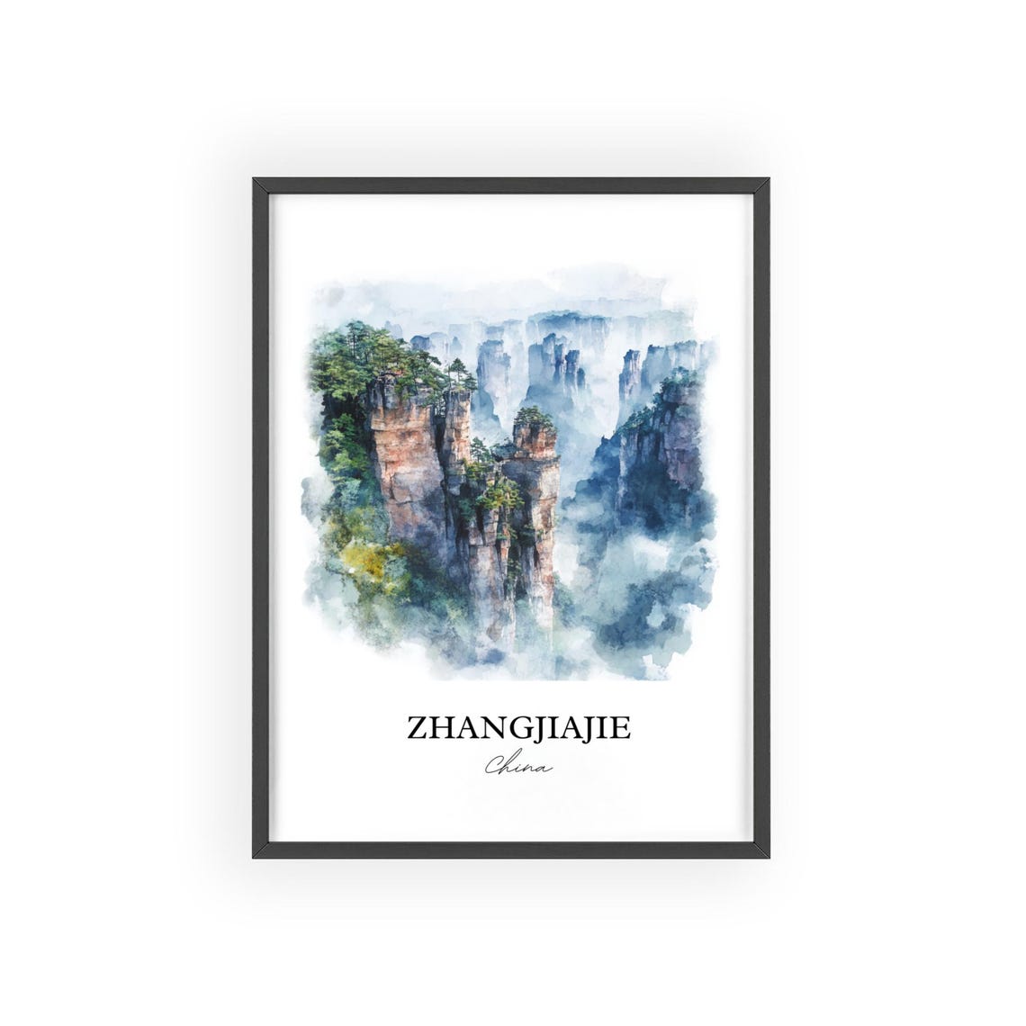Zhangjiajie China Watercolor Sandstone Pillars Misty Peaks Poster - Image 2