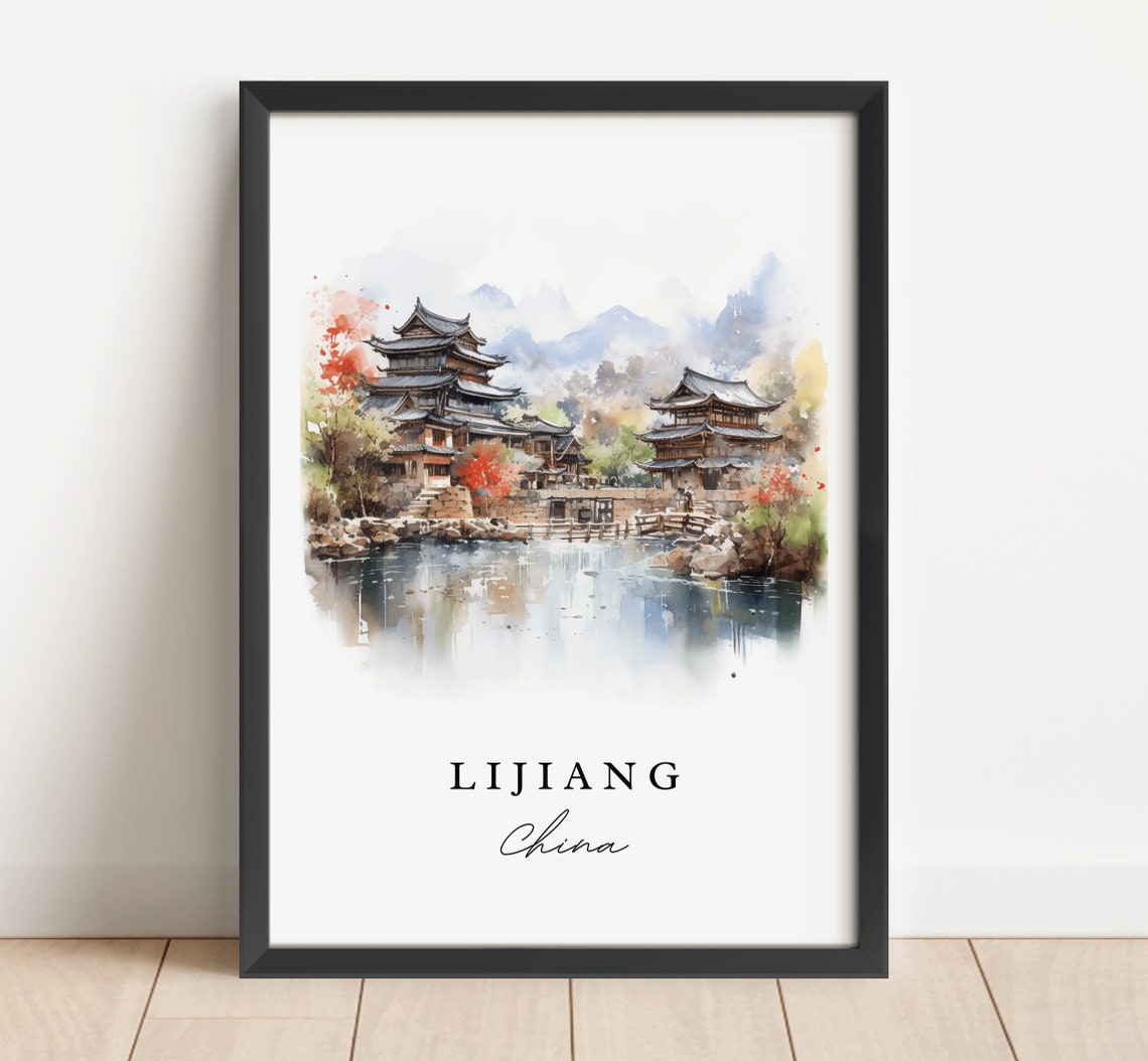 Lijiang China Old Town Watercolor Art Serene Lakeside Pagodas Poster