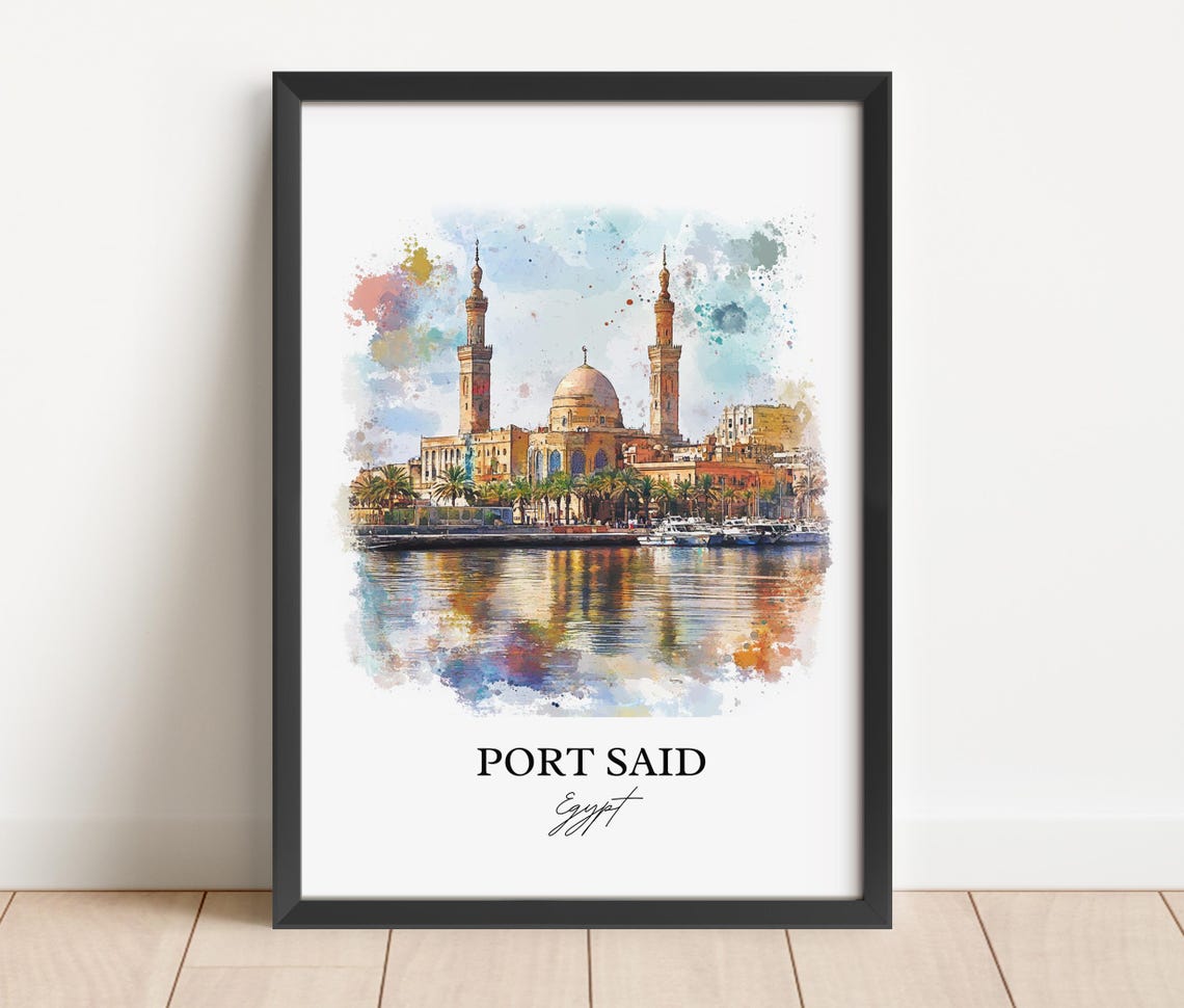 Port Said Egypt Waterfront Mosque Skyline Watercolor Art Poster - Image 4