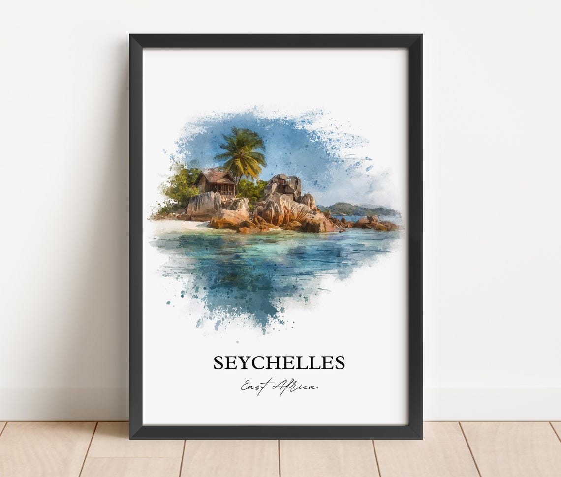 Seychelles Island Granite Boulders Beach Watercolor Travel Poster - Image 4