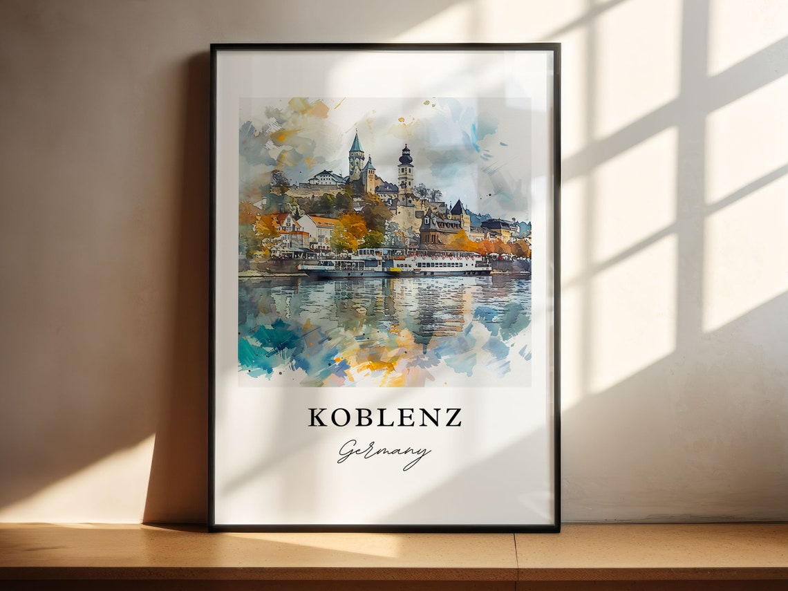 Koblenz Germany Rhine Riverfront Castle Watercolor Travel Poster - Image 4