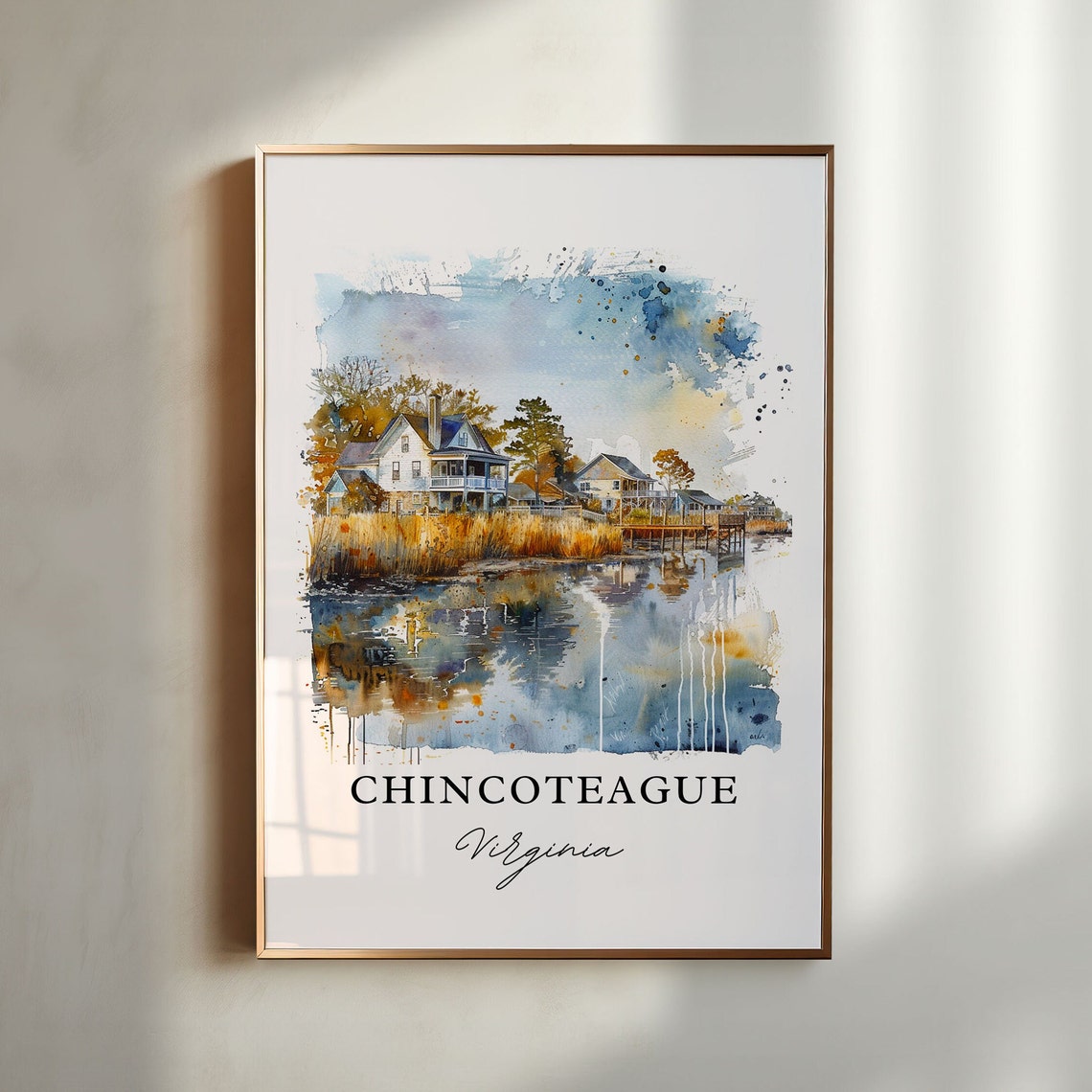 Chincoteague Virginia Waterfront Marsh Watercolor Travel Poster