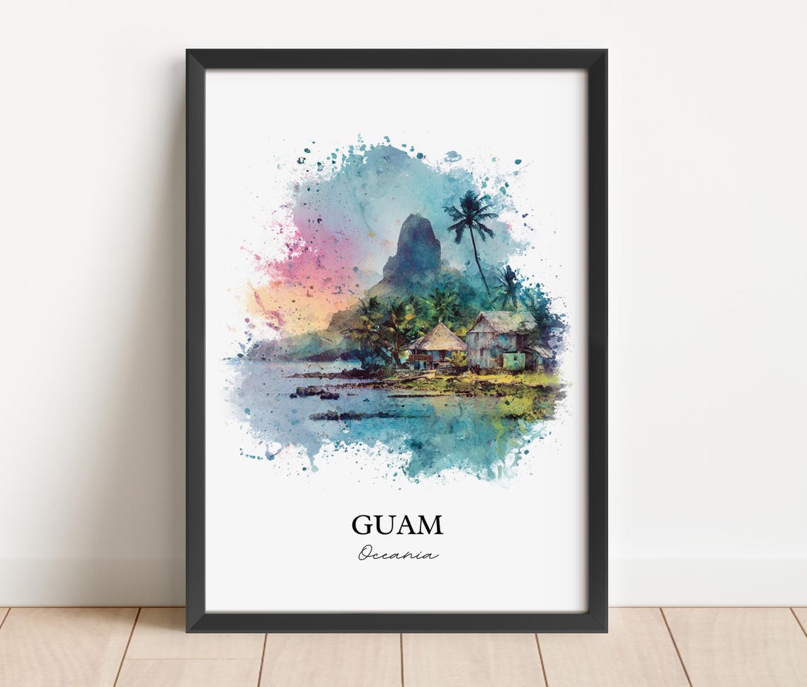 Guam Oceania Sunset Lagoon Huts Peak Watercolor Travel Poster - Image 5