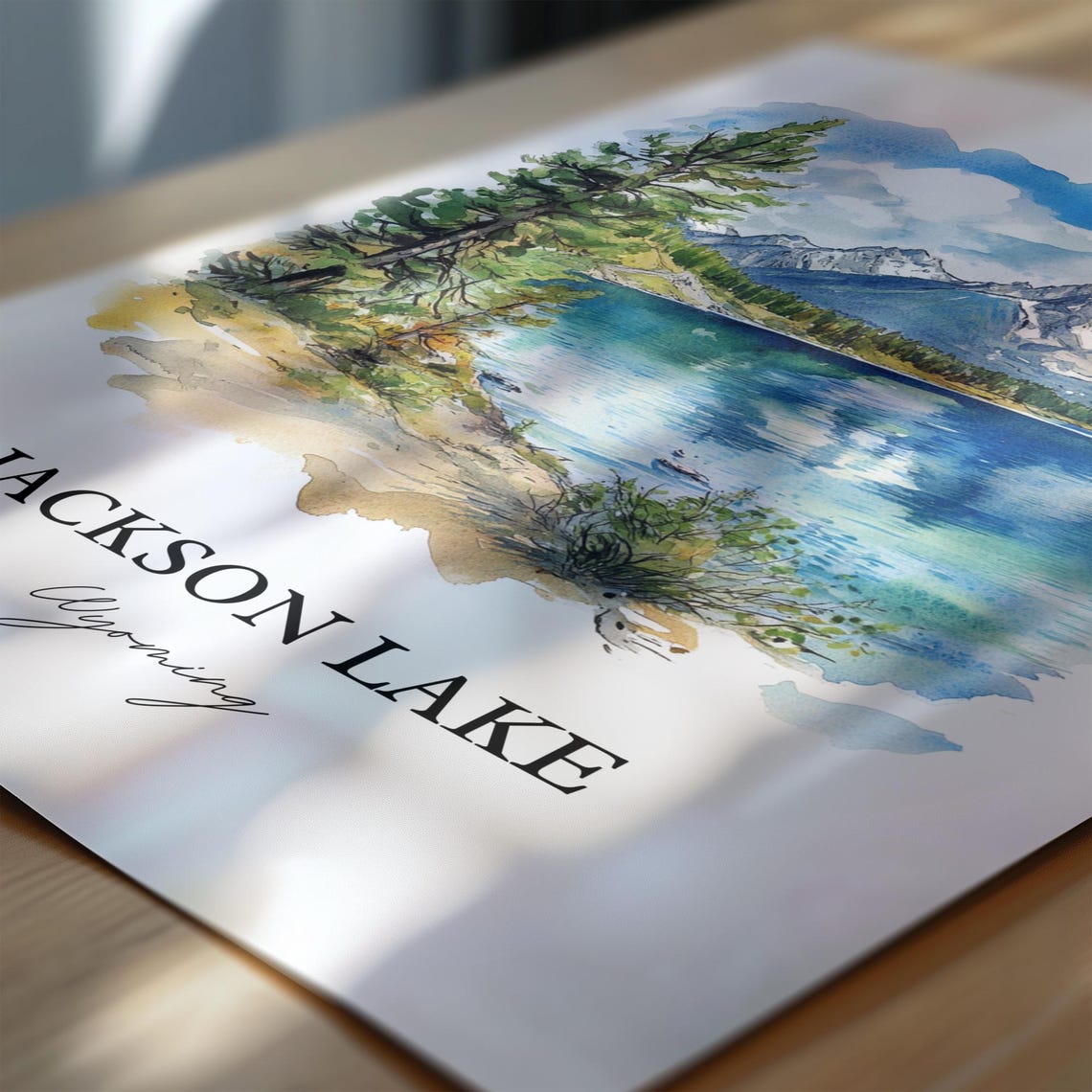 Jackson Lake Wyoming Mountain Lake Pine Trees Watercolor Poster - Image 6