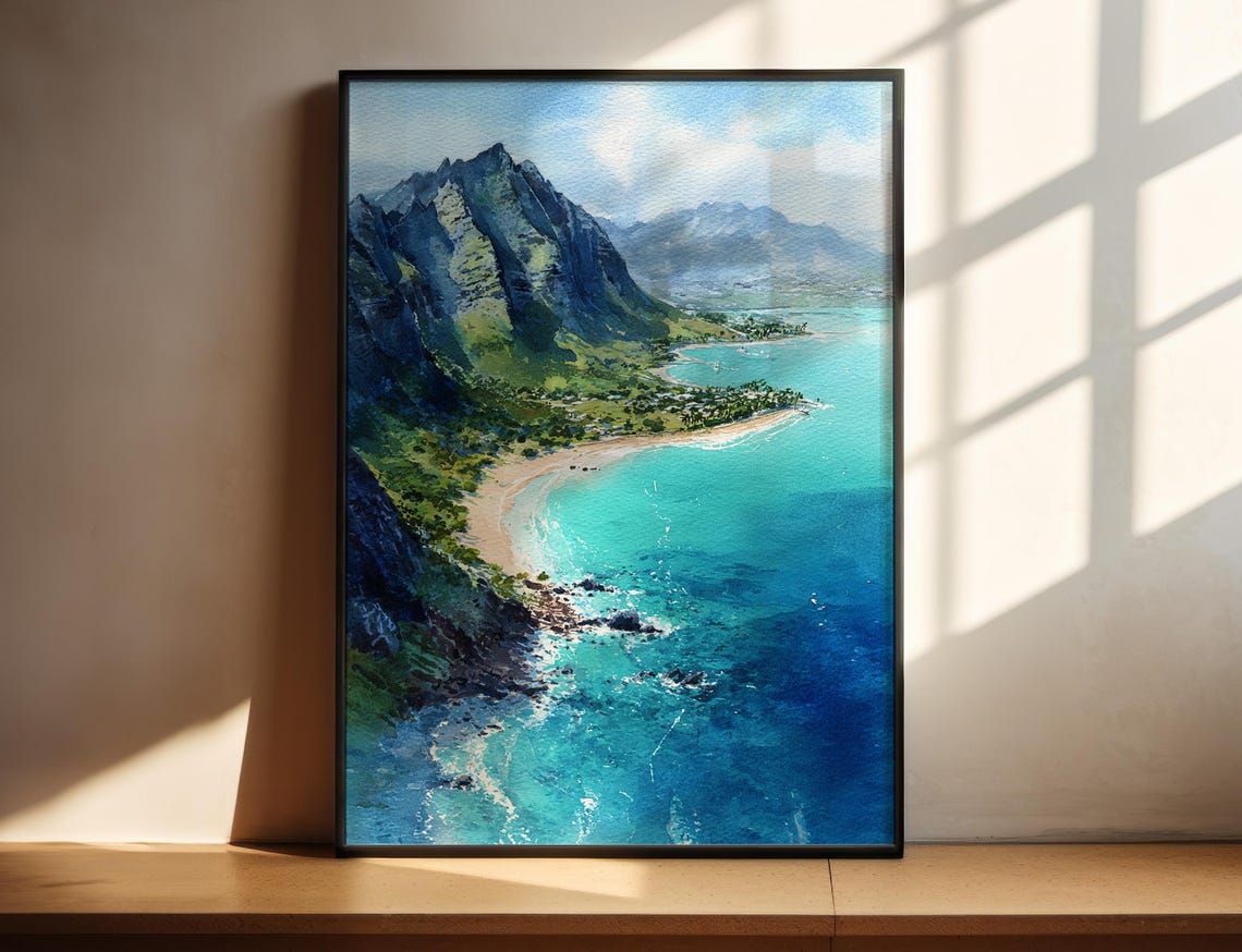 Oahu Hawaii Turquoise Bay Mountain Coastline Watercolor Travel Poster