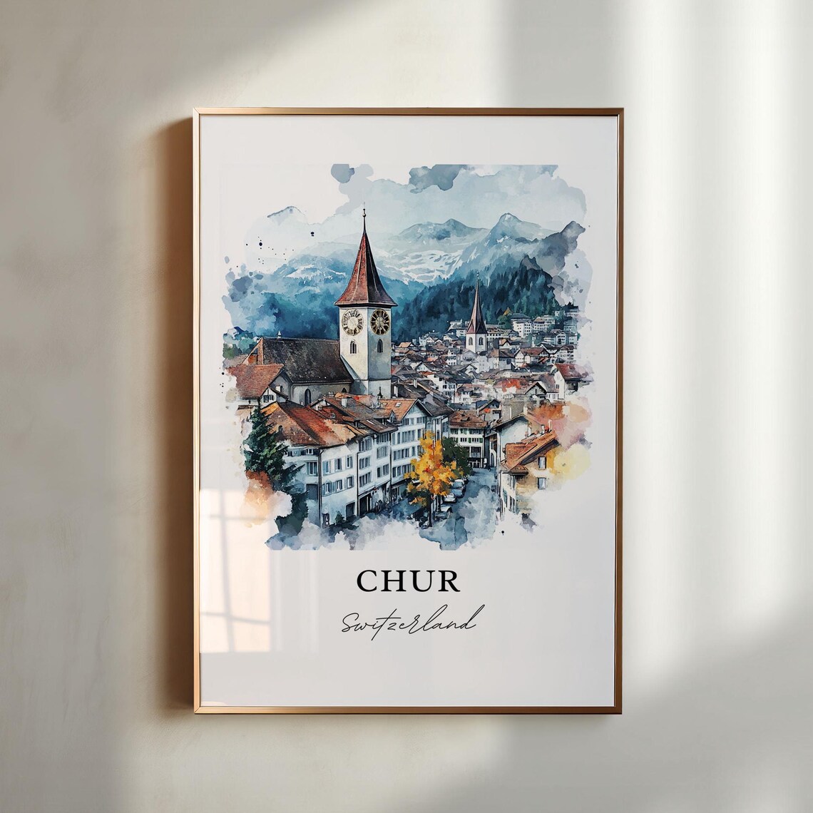 Chur Switzerland Watercolor Travel Poster, Graubnden