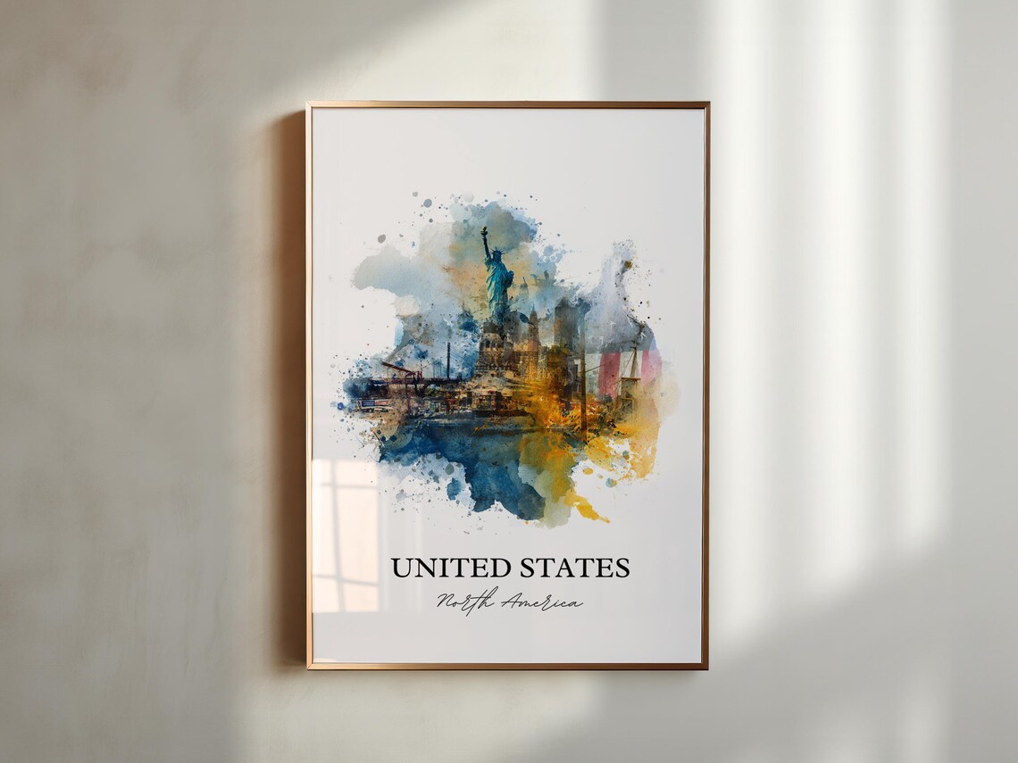 United States Statue of Liberty Skyline Watercolor Art Poster - Image 5