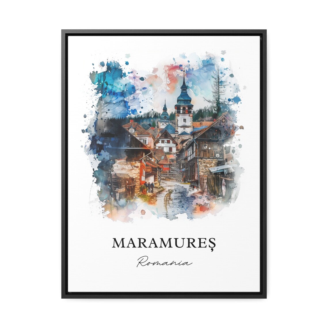 Maramures Romania Watercolor Village Street Tall Church Spire Poster - Image 3