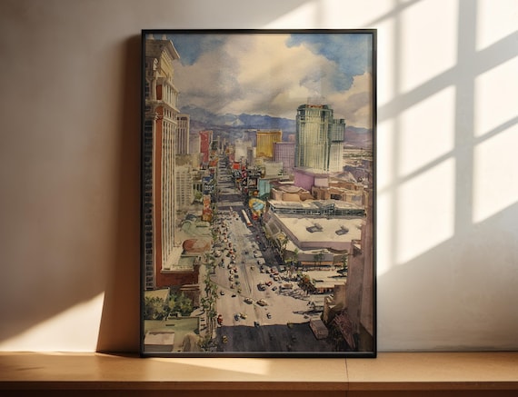 Las Vegas Watercolor Art Travel Print Nv Artwork Decor Skyline Wall