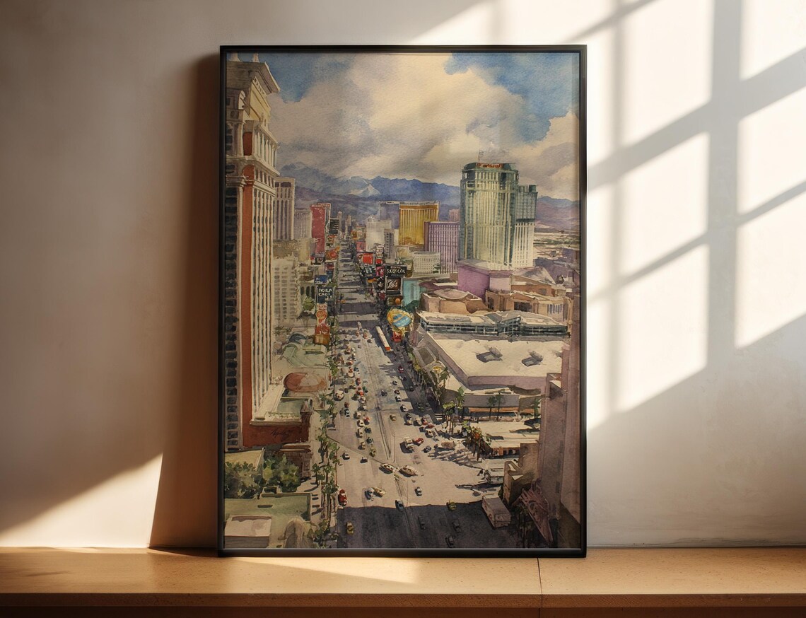 Vibrant City Street Watercolor Poster Skyscrapers Nightlife Urban Scene Artwork