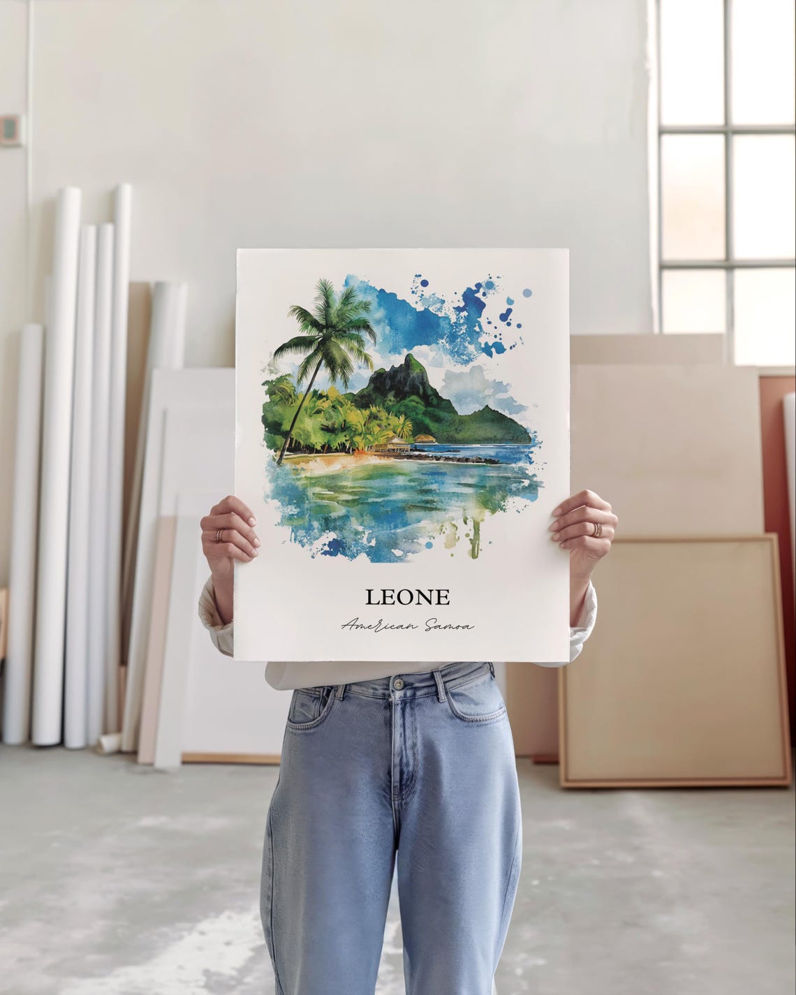 Leone American Samoa Palm Lagoon Mountain Watercolor Travel Poster - Image 6