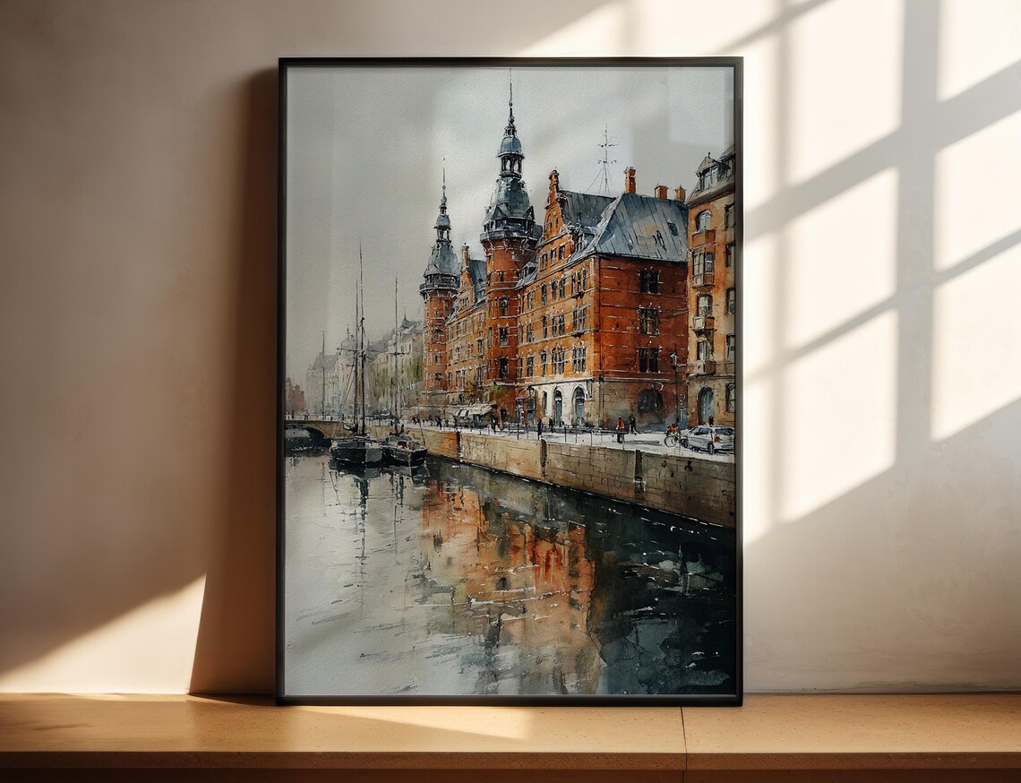 Historic European Canal Waterfront Brick Buildings Watercolor Poster