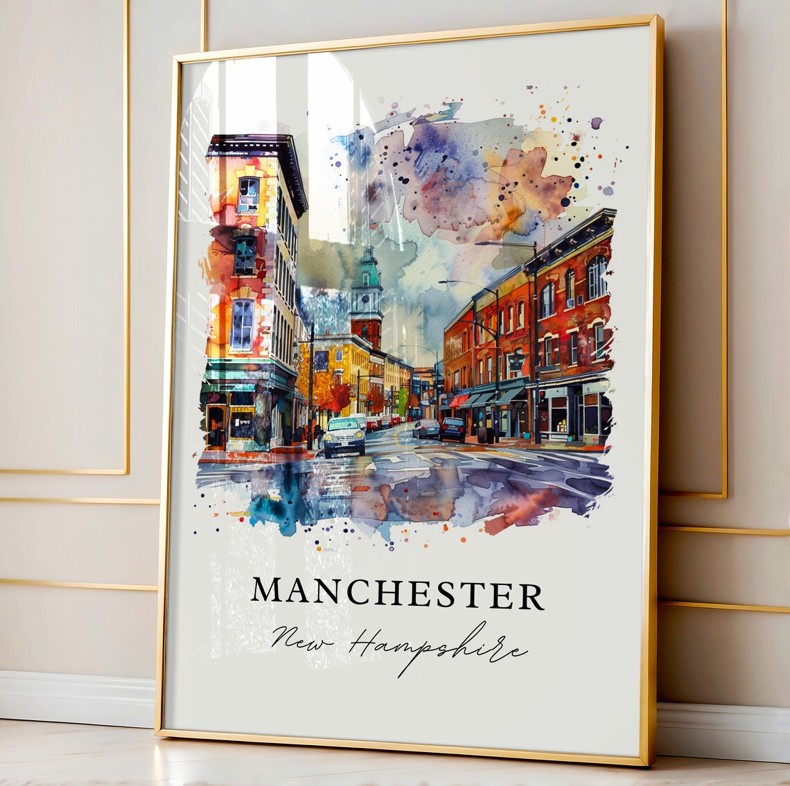 Manchester New Hampshire Downtown Street Watercolor City Poster - Image 4