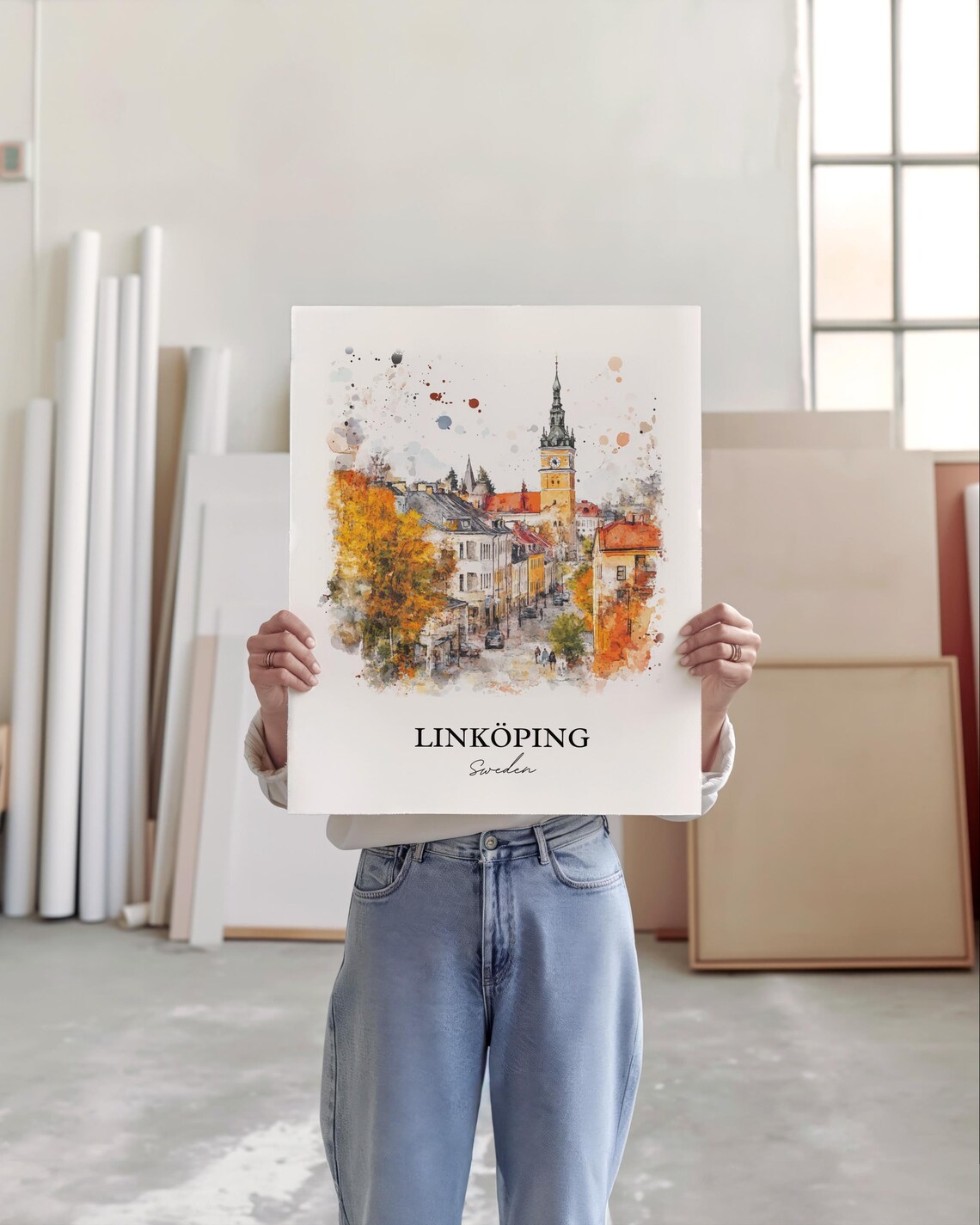 Linkoping Sweden Autumn Old Town Street Watercolor Travel Poster - Image 5