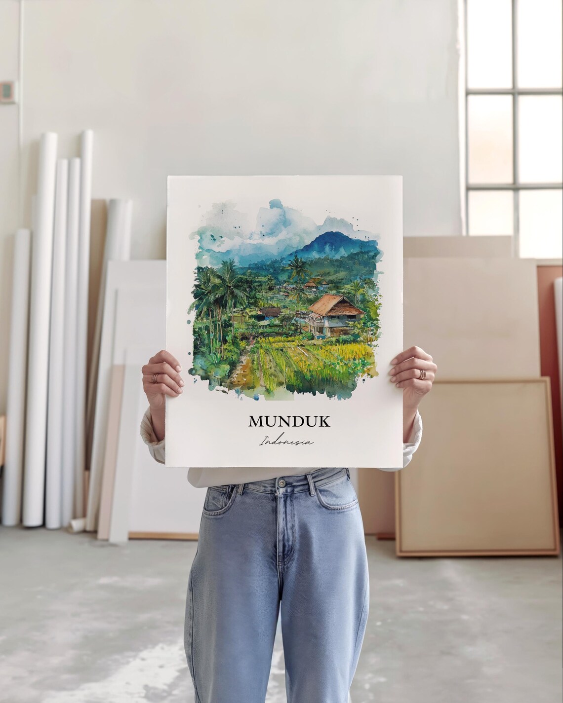Munduk Indonesia Watercolor Rice Terrace Jungle Mountain Poster - Image 4