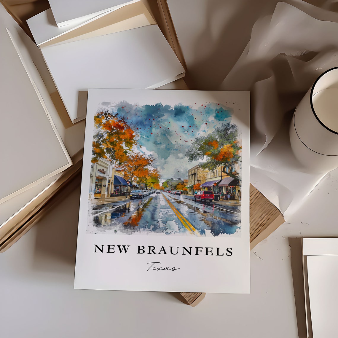 New Braunfels Texas Autumn Main Street Watercolor Travel Poster - Image 6