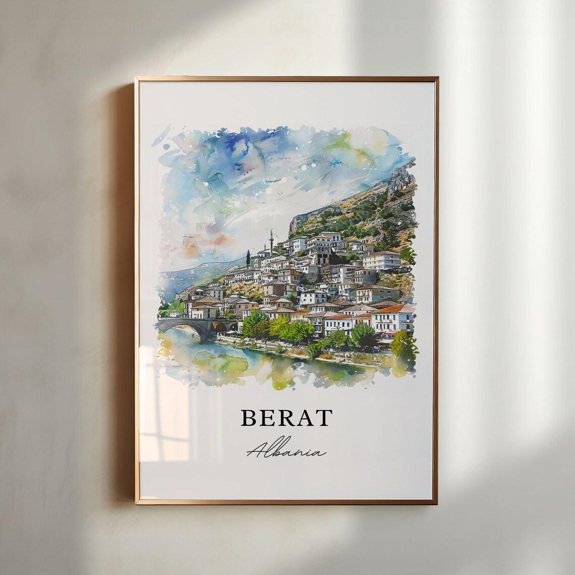 Berat Albania Riverside Old Town Historic Watercolor Travel Poster