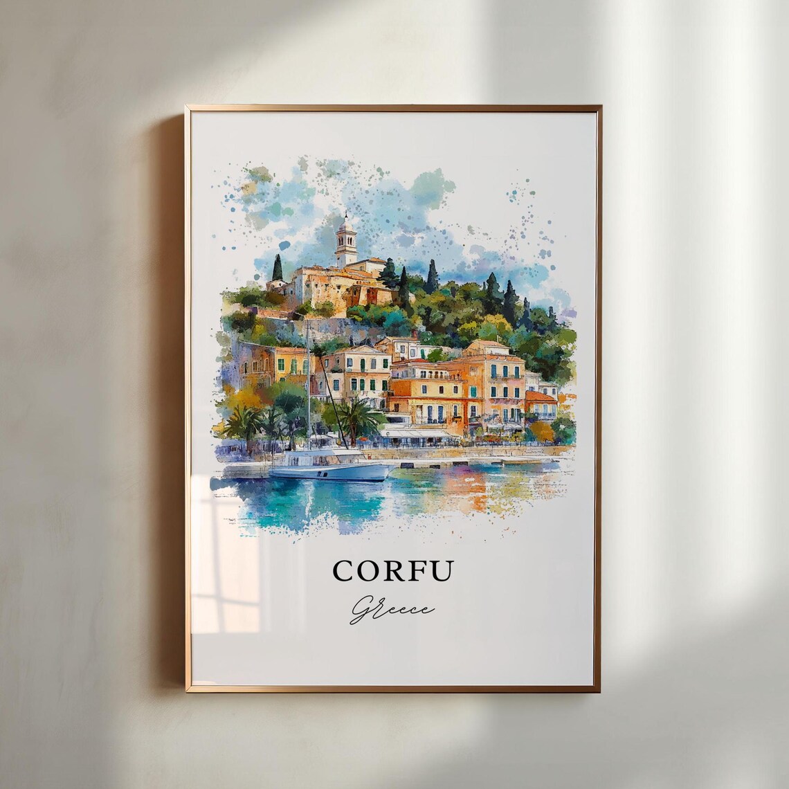 Corfu Island Watercolor Travel Poster, Greece