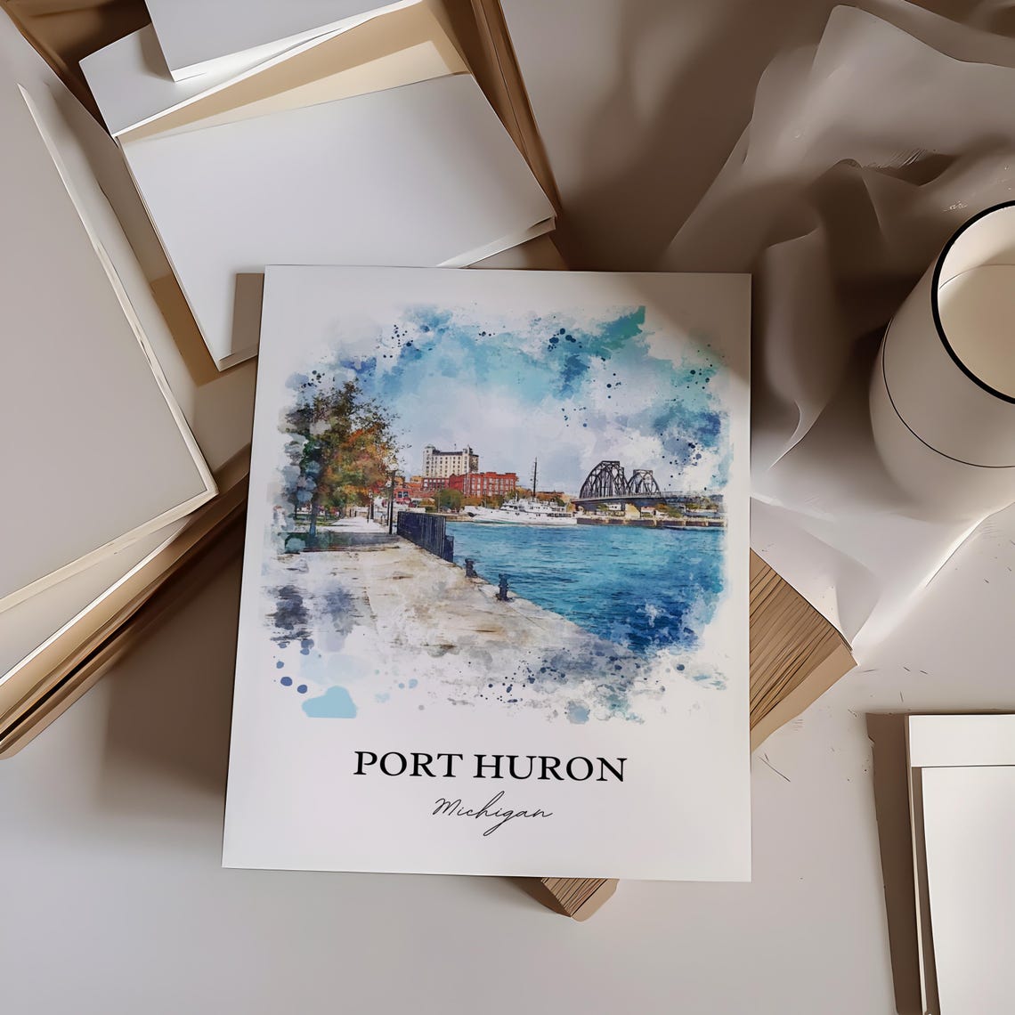 Port Huron Michigan Waterfront Boardwalk Bridge Watercolor Poster - Image 5