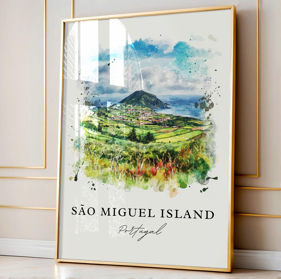Sao Miguel Island Portugal Watercolor Green Hills Coast Poster - Image 4